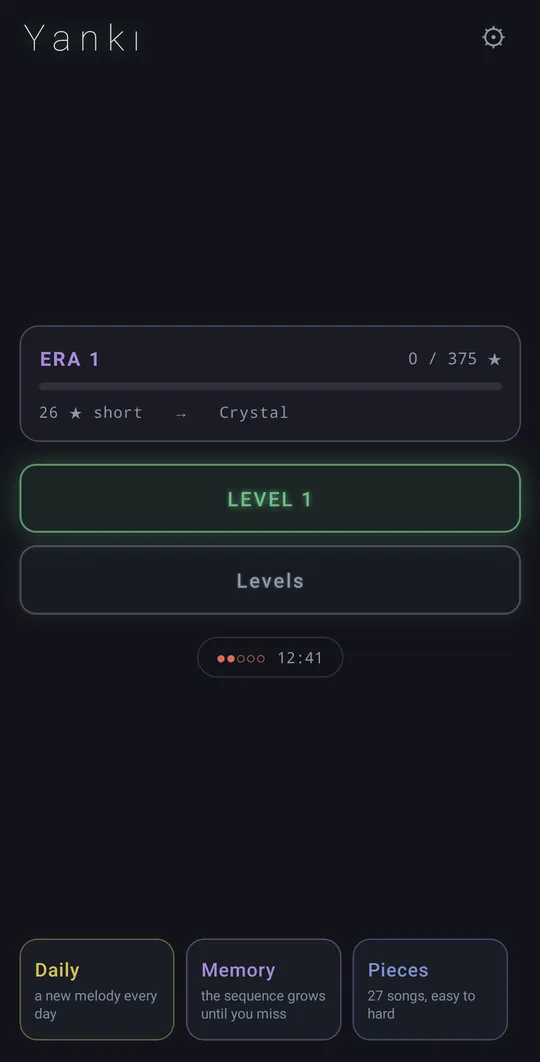Home screen: a Level 1 button, the level list, and the Daily, Memory and Pieces modes.