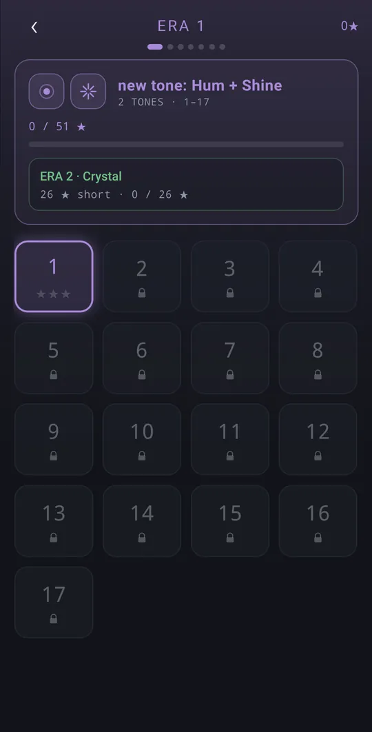 Era 1: levels 1 to 17 in a grid, with the first level open and the era’s new tones shown above.