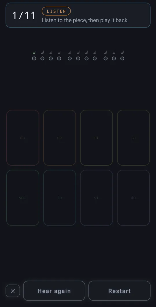 Playing a song: the game says “Listen to the piece, then play it back”, with a row of notes above eight boxes.