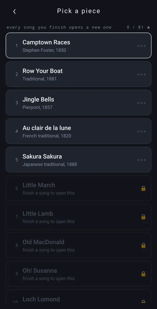 Pick a piece: a list of songs including Camptown Races, Row Your Boat, Jingle Bells, Au clair de la lune and Sakura Sakura. Each song you finish opens a new one.